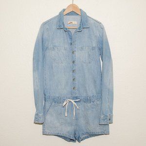 Hollister Light Wash Denim Long Sleeve Romper with Drawstring Waist